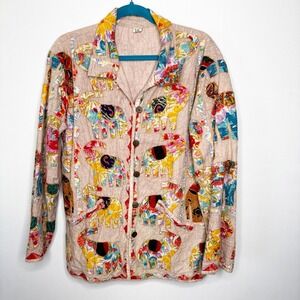 Patchwork Elephant Print Jacket Size S/M Lightweight Button Front Boho